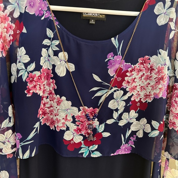 NWOT Floral Navy Dress with Sheer Floral Overlay, Cape Style & Perfect Details - Picture 10 of 12